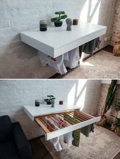 two pictures of the same table in different stages of being used as a coffee table