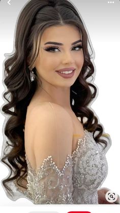 an image of a woman with long hair wearing a wedding dress and smiling at the camera