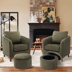 a living room filled with furniture and a fire place in front of a brick wall