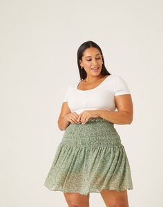 Curve Smocked Waist Floral Skirt Plus Size Bottoms Green 1XL -2020AVE Midi Skirt Outfits Summer, Plus Size Mini Skirt, Comfy Spring Outfits, Summer Mini Skirt, Skirt Outfit Summer, Smocked Skirt, Midi Skirt Outfit, Phi Mu, Stylish Skirts