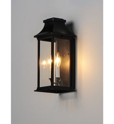 an outdoor wall light with two lights on the front and back of it, against a white wall