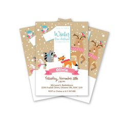 three christmas party flyers with reindeers and snowflakes on the front, one is for