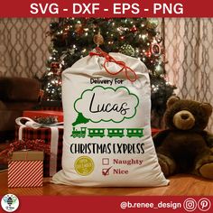 a teddy bear is sitting next to a bag with christmas express written on it and the words delivery for lucas's christmas express