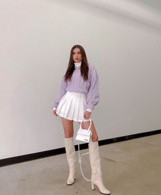 LunasAngel♡ Tennis Skirt Outfits, Tennis Skirt Outfit, White Tennis Skirt, Purple Outfits, Spring Outfits Casual, Outfit Casual, Winter Fashion Outfits