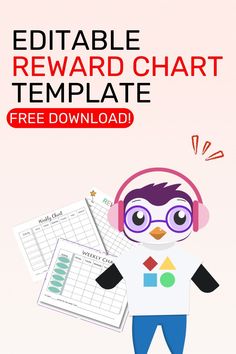 a penguin wearing headphones and holding a clipboard with the text editable reward chart template