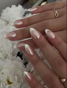 Best 13  french tip chrome nails you must try this year Ballet French Tip Nails, White French Tip With Chrome, White French Tip Chrome, X Mas Nails, Paznokcie Hello Kitty, Hoco Nails, Kutek Disney, Nagel Tips