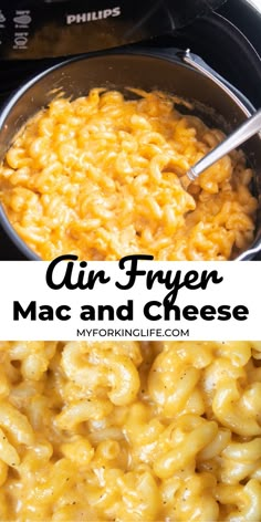 macaroni and cheese is being cooked in an air fryer with the title above it