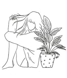 a black and white drawing of a woman sitting next to a pot with a plant in it