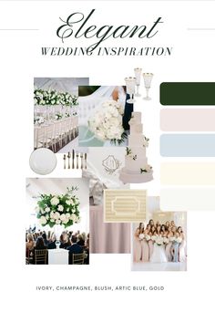 the elegant wedding inspiration board is filled with different colors and styles, including champagne, blush,