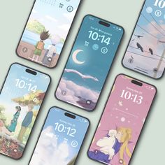 four cell phones with anime theme on them, all showing the same time and date