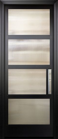 a black door with frosted glass panels