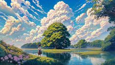 a painting of a woman standing on the edge of a body of water with trees and clouds in the background