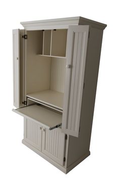 an open cabinet with drawers and cupboards on the bottom, in front of a white background