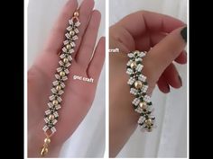 two pictures of a woman's hand holding a gold and green beaded bracelet