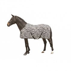 a horse wearing a zebra print blanket on it's head and neck, standing in front of a white background