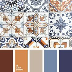 the color scheme is blue, orange and white with an assortment of different designs on it