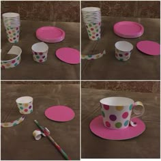 several pictures of different cups and plates on a table with tape, scissors and other items