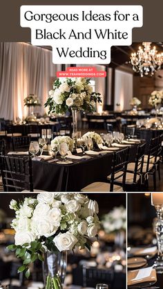 A beautifully decorated black and white wedding venue featuring elegant table settings, chic floral arrangements, and sophisticated lighting, and a stunning wedding couple. Black And White Wedding Decor Table, Black White Wedding Centerpieces, Black And Cream Wedding Decor, Black And White Wedding Decor Ideas, Black White And Pearls Wedding, Black White Silver Wedding Theme, Silver And Black Wedding Theme, Black And White Wedding Shower Ideas, Black And White Wedding Reception Decor