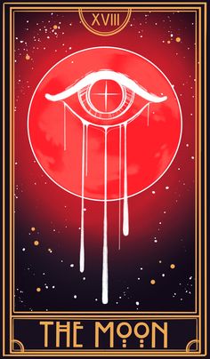 the moon tarot card with dripping blood on it and an eye in the center