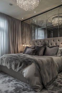 a large bed sitting in a bedroom next to a window with a chandelier