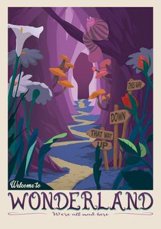 a poster with the words wonderland and flowers on it's front cover, in purple tones