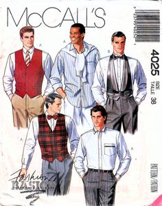 MCCALL'S 4025: Use this late 1980s vintage sewing pattern for men to sew a fine shirt with collar variations, fitted vest or weskit, tuxedo vest, bow tie, and necktie. Scroll down to learn more about the size, condition, and garment details. SIZE INFORMATION: Men Size 38 Chest 38 inches Waist 32 inches Hip 39 inches Sleeve length 33 inches PATTERN CONDITION: COMPLETE, UNUSED (instructions and all pattern pieces (uncut and in original factory folds)) GARMENT INFORMATION: Shirt v. A-B details: - u Old Fashion Style Men, 80s Clothes Men, 1980 Mens Fashion, 1980s Fashion Men, 1950s Fashion Men, Sewing Pattern Long Sleeve, Sewing Pattern For Men, 1980s Mens Fashion, 1960s Fashion Mens