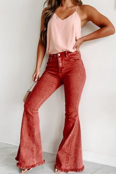 My Own Time Mid-Rise Bell Bottom Flare Jeans (Brick Red) Red Bell Bottoms, Vintage Boho Fashion, Classy Casual Outfits, Classy Casual, Red Button, Bell Bottom, Small Dress