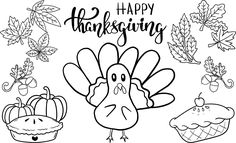 a happy thanksgiving coloring page with a turkey, cupcakes and autumn leaves on it