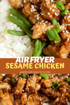 an air fryer sesame chicken with rice and green beans on the side is shown