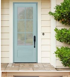 two pictures of a blue front door with the same color