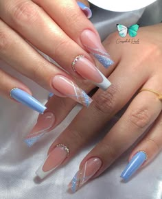 White Nails Designs Acrylic, Birthday Glam Nails, Coffin Nail Art, Baby Blue Nails, Nagel Tips, Coffin Press On Nails, Blue Nail, Stick On Nails