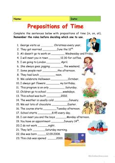 the prepositions of time worksheet with pictures and words on each page