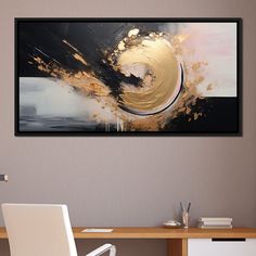 an abstract painting hangs on the wall above a desk