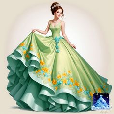 Color Day, Clothes Art, Gown Fashion, Disney Princess Fashion, Paper Doll Dress, Fashion Drawing Tutorial, Fashion Drawings, Fantasy Dresses, Green Gown