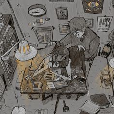 a drawing of two people sitting at a table in a room filled with books and other items