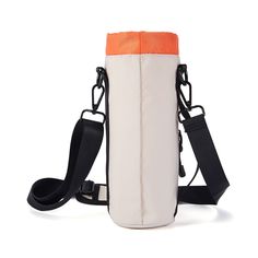 an orange and white water bottle with strap around it's neck on a white background