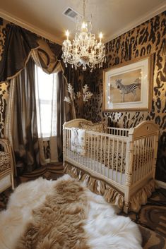 a baby's room decorated in leopard print and white fur with a chandelier hanging from the ceiling