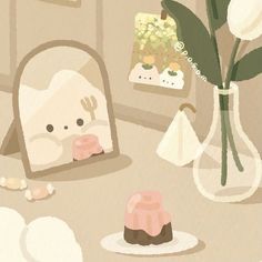 there is a vase with flowers in it next to two pastries and a mirror