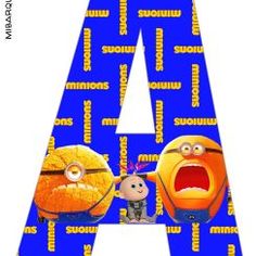 the letter a is made up of cartoon characters and letters with faces on blue background