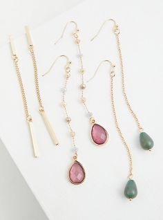 You'll be a stone-cold fox in either of these drop earrings or an elegant beauty in these mat-stick drop earrings.  Set of 3. French hooks and post back. Base metal. Imported. The best plus size women's gold-tone faux stone drop earrings set - of 3 sets in multi. Torrid is your destination for the freshest spring and summer styles. Jewels Diy, Beaded Chandelier Earrings, Stone Drop Earrings, Metal Stamped Jewelry, Elegant Beauty, Wire Work Jewelry, Handmade Wire Jewelry, Homemade Jewelry, Work Jewelry