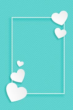 paper hearts are floating in the air on a blue background with a white square frame