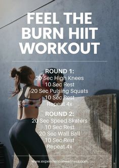 a woman in black sports bra top and leggings with text reading feel the burn hit workout round 1