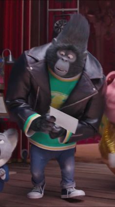 an animated character dressed as a gorilla holding a knife in front of two stuffed animals