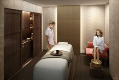 two women are sitting in a spa room