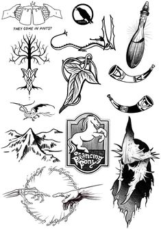 several different tattoo designs on a white background, including trees and mountains in the background