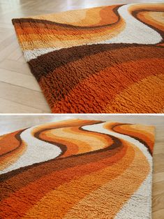 two pictures of an orange and brown rug on the floor, one with wavy lines