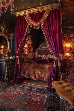 an ornate bedroom with purple curtains and gold accents