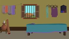 a bedroom with clothes hanging on the wall and a bed in front of a window