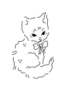 a black and white drawing of a cat with a bow around its neck, sitting down