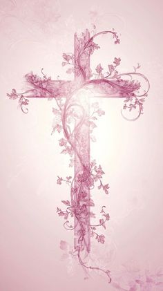 a cross with vines and flowers in the center on a light pink background that looks like it has been painted